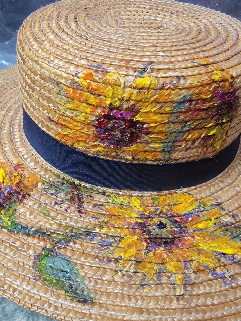 Straw Sun Hat with Hand-Painted Yellow Floral Design
